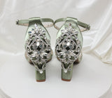 Sage Green Wedding Shoes with Block Heel and Crystal Front and Back Design