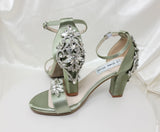 Sage Green Wedding Shoes with Block Heel and Crystal Front and Back Design