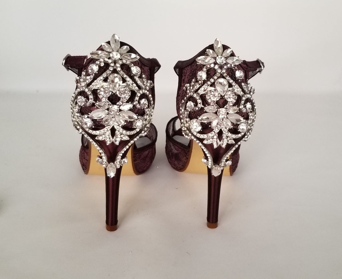 Burgundy Lace Bridal Shoes with Crystal Front and Back Custom