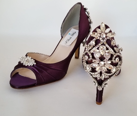 Eggplant Purple Wedding Shoes with A Sparkling Crystal Back 10 Medium Width / Yes + / White