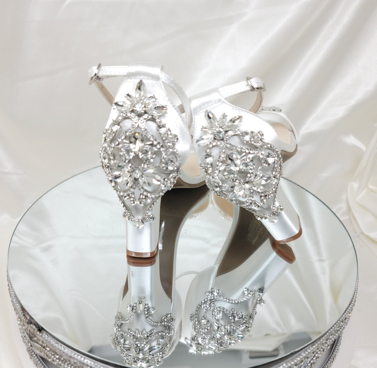 White Wedding Shoes with Block Heel and Sparkling Crystal Design