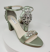 Sage Green Wedding Shoes with Block Heel and Crystal Front and Back Design