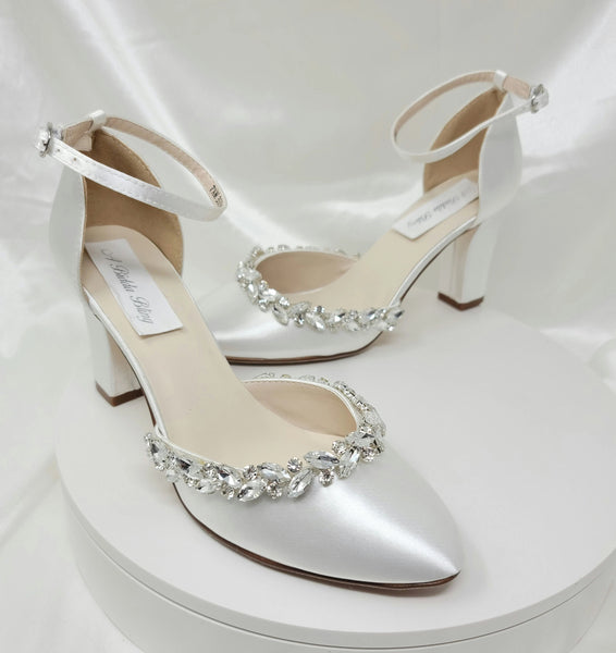 White Wedding Shoes with Crystal Front Design
