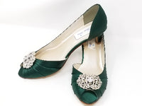 Hunter Green Kitten Heels with Vintage Style Design Green Wedding Shoes