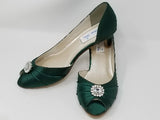 Hunter Green Kitten Heels with Square Crystal Design Green Bridesmaids Shoes