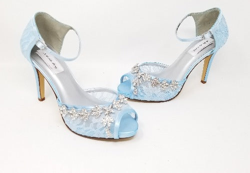 Blue Lace Bridal Shoes with Sparkling Crystal Vine Design – Custom
