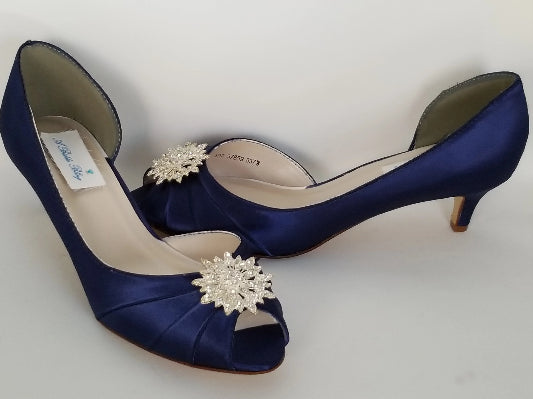 Navy Blue Bridal Shoes Crystal Flower Navy Kitten Heels 6.5 Medium Width No Ivory