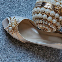 Ivory Wedding Shoes with Pearls and Crystals in a Gold Setting Kitten Heels