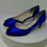A pair of royal blue satin kitten heel shoes with a peep toe