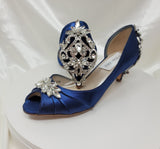 Navy Blue Bridal Shoes with Crystal Heel and Vamp Design Navy Kitten Heels