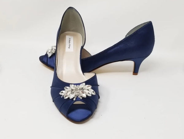 Navy Blue Bridal Shoes with Crystal Applique Design