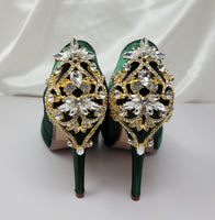 green high heel pumps with gold heel design for wedding shoes