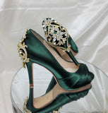 Hunter Green Wedding Shoes with Crystal Heel Gold Design
