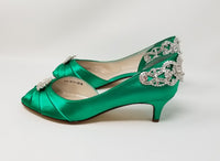 Emerald Green Kitten Heels with Sparkling Front and Back Design