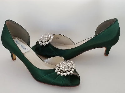Hunter Green Kitten Heels with Sparkling Crystal Oval Design Green Wedding Shoes