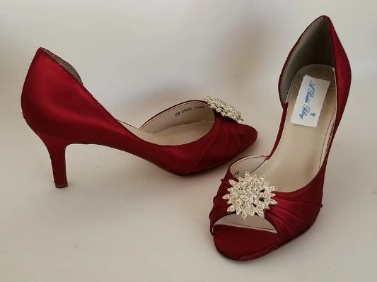 Deep Red Bridal Shoes with Crystal Burst Design