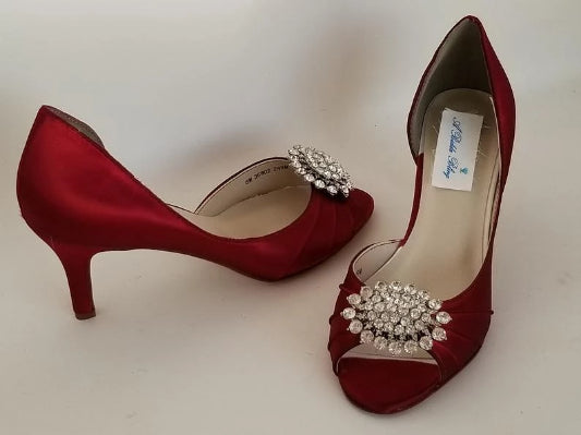 Deep Red Bridal Shoes with Crystal Oval Design