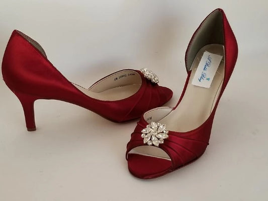 Deep Red Bridal Shoes with Swirling Crystal Flower