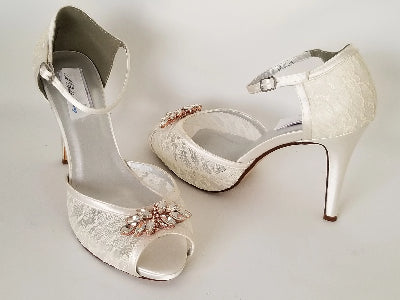 ivory lace wedding shoes with rose gold design