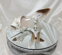 ivory wedding shoes with peep toe and pearl and crystal design.  Ivory kitten heels