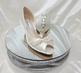 Ivory Wedding Shoes with Crystals and Pearls Front and Back Design Ivory Kitten Heels