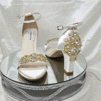 A pair of ivory block heel shoes with an ankle strap and a gold crystal design on the front toe strap of the shoes and a gold crystal design on the heel of the shoes