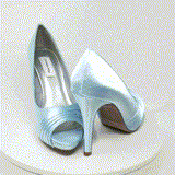 A pair of high heeled baby blue satin shoes with a peep toe and a hidden platform at the front of the shoes 