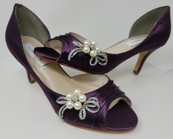 Eggplant Purple Wedding Shoes with Pearl and Crystal Bow Design Custom Wedding Shoes by A Bidda Bling