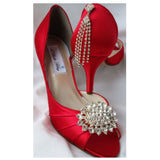 Red Bridal Shoes with Crystal Oval Design and Back Crystal Cascade
