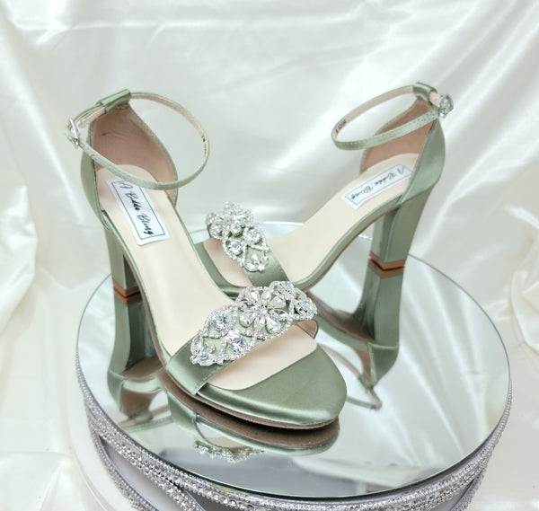 Sage Green Wedding Shoes with Block Heel Crystal Applique Design