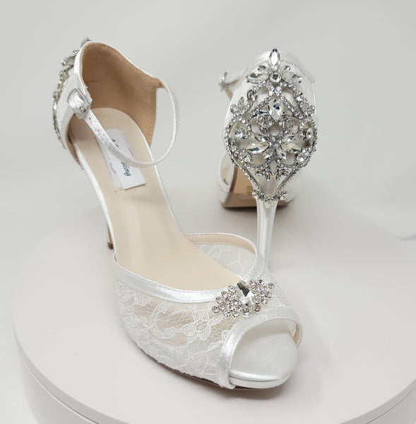 White Lace Bridal Shoes with Crystal Front and Heel Design