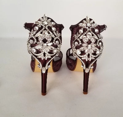 Wine Lace Bridal Shoes with Crystal Front and Back Design